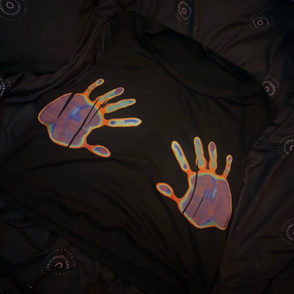 SHEIN Black Crop Top with Colorful Handprint Design